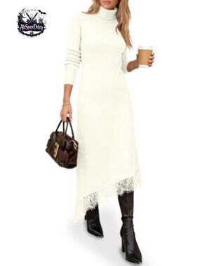 Turtleneck Sweater Dress Lace Patchwork Knit Midi Dress Fitted Pullover